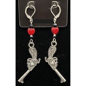 Handmade Gun & Red Glass Heart with Black Crystal Earrings by Neanie-Bot